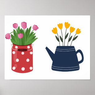 Poster Tulipas amarelas e cor-de-rosa em dois vasos
