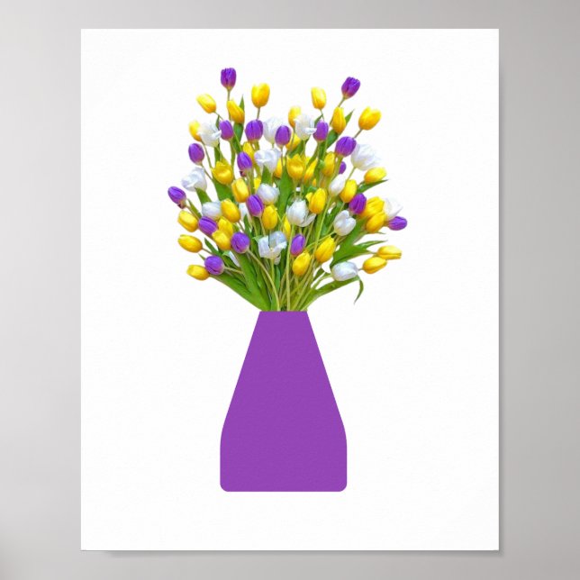 Poster Tulipas amarelas e púrpuras num vaso roxo (Frente)