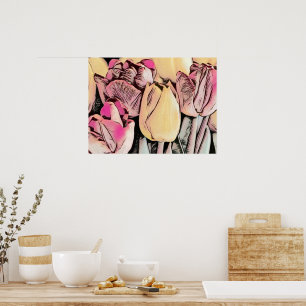 Poster Tulipas Amarelas Vermelhas Cor-de-rosa Desenho Ret