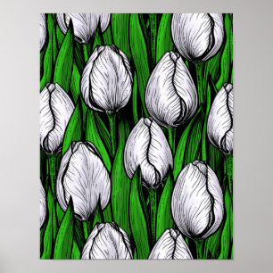 Poster Tulipas brancas com folhas verdes