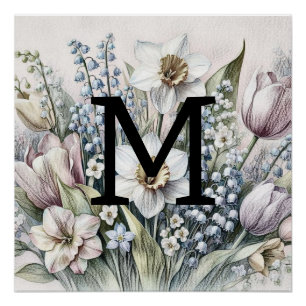 Pôster Tulipas cor-de-rosa com desenho floral monograma