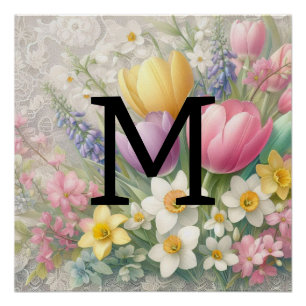 Pôster Tulipas cor-de-rosa com rendas monograma pastel fl