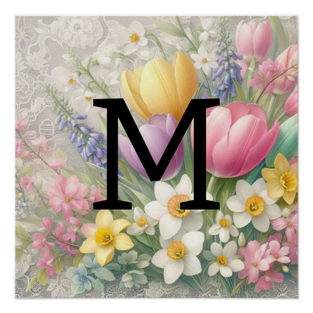 Pôster Tulipas cor-de-rosa com rendas monograma pastel fl (Frente)