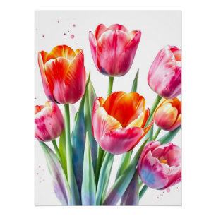 Pôster Tulipas de Aquarela com Bordas Brancas