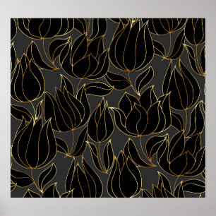 Poster Tulipas Douradas Pretas: Padrão Floral de Luxo