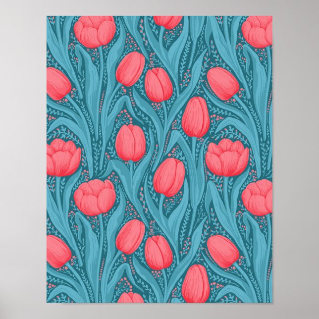 Poster Tulipas em azul e vermelho (Frente)