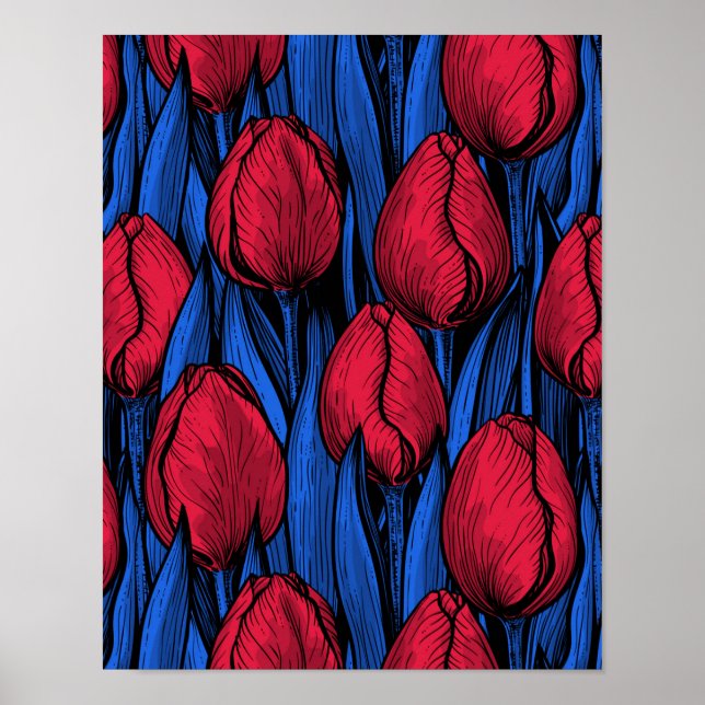 Poster Tulipas em vermelho e azul (Frente)