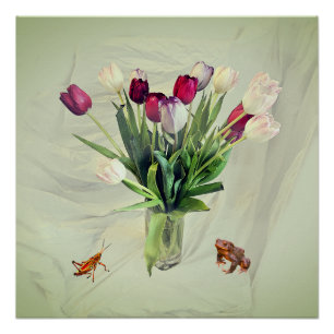 Pôster Tulipas, Gafanhoto e Sapo Papel (Semi-Brilho)
