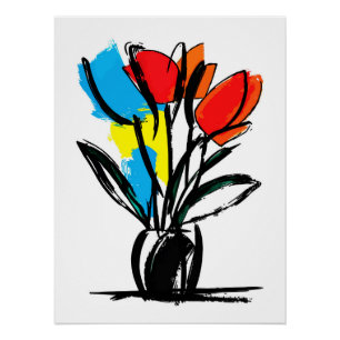 Pôster Tulipas Laranja Vermelho Vibrante Floral Linha Pre