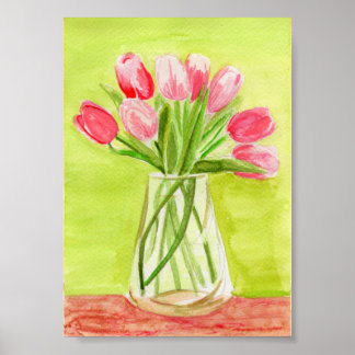 Poster Tulipas Rosa Aquarela