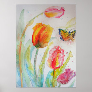 Poster Tulipas Rosa Tulipas Florais Flores Aquarela Poste