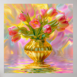 Poster Tulipas Rosa Vibrantes em Vase Ouro