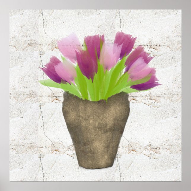 Poster Tulipas Roxas bonito em Vase Watercolor Rustic (Frente)