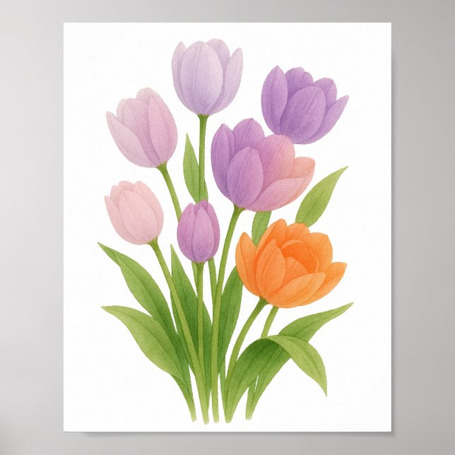 Poster Tulipas Roxas e Laranjas Pintura Arte Floral na Pa (Frente)
