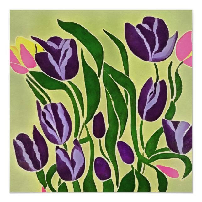 Pôster Tulipas Roxas Retro Abstrato Art (Frente)