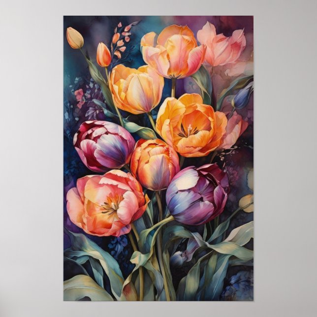 Poster Tulipas Sanguíneas - Flores De Aquarelas - Arte Fl (Frente)
