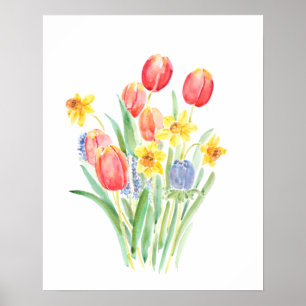 Poster tulipas vermelhas e daffodils amarelas