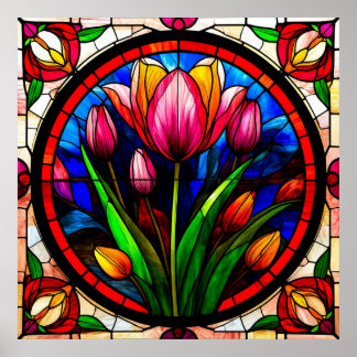 Poster Tulipas Vermelhas e Motifs Florais Coloridos