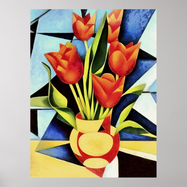 Poster Tulipas Vermelhas Num Vaso Vermelho E Amarelo (Frente)