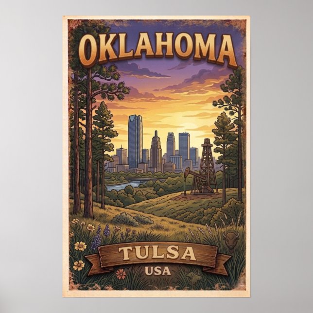 Poster Tulsa Skyline Sunset Illustration (Frente)