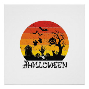 Pôster Tumba da Mão do Zumbi do Halloween Árvore Gato Pre