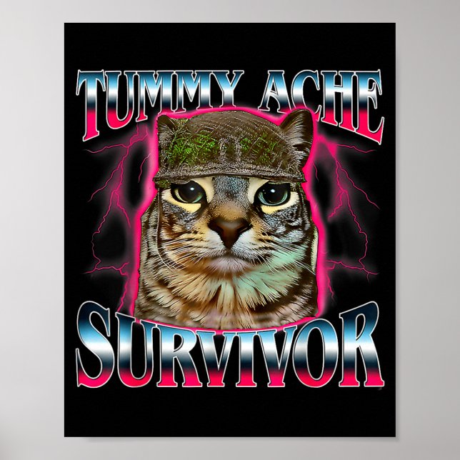 Poster Tummy Ache Survivor Cat Meme Funny Saying Cats Ani (Frente)