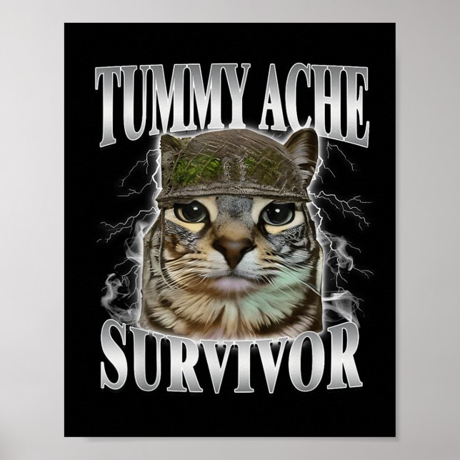 Poster Tummy Ache Survivor Engraçado Meme Gato (Frente)