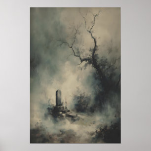 Poster Túmulo Gótico Sob Árvores Nebulosas Halloween Somb