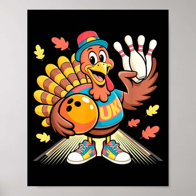Poster Turkey Playing Bowling Thanksgiving Turkey Tail Bo (Frente)