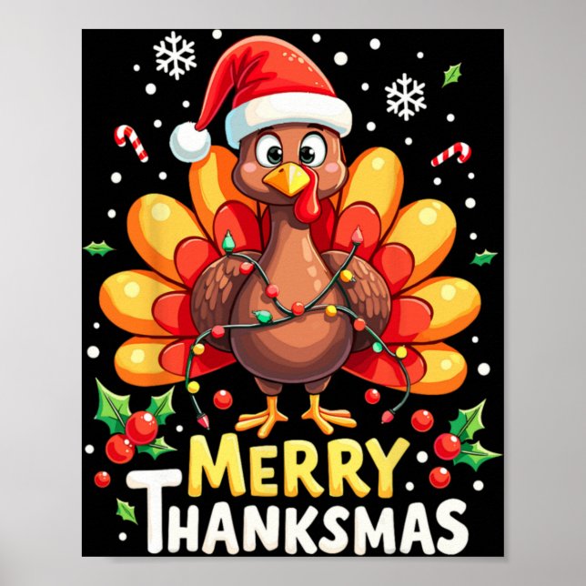 Poster Turkey Santa Happy Merry Thanksmas Thanksgiving Ch (Frente)