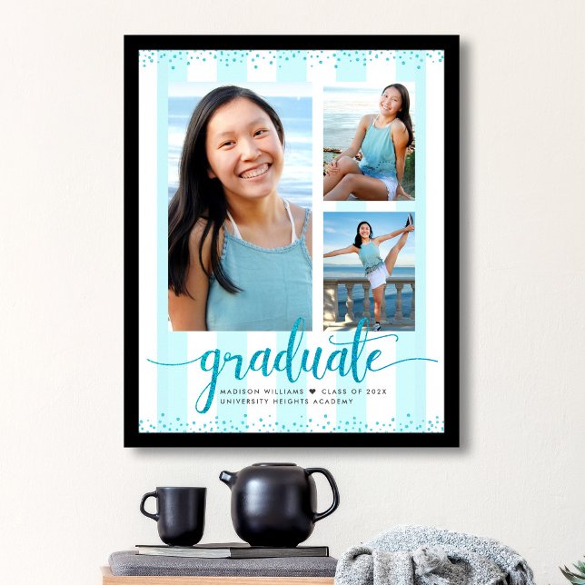 Poster Turquesa Azul Grad 3 Foto Glitter Script Listras (Criador carregado)