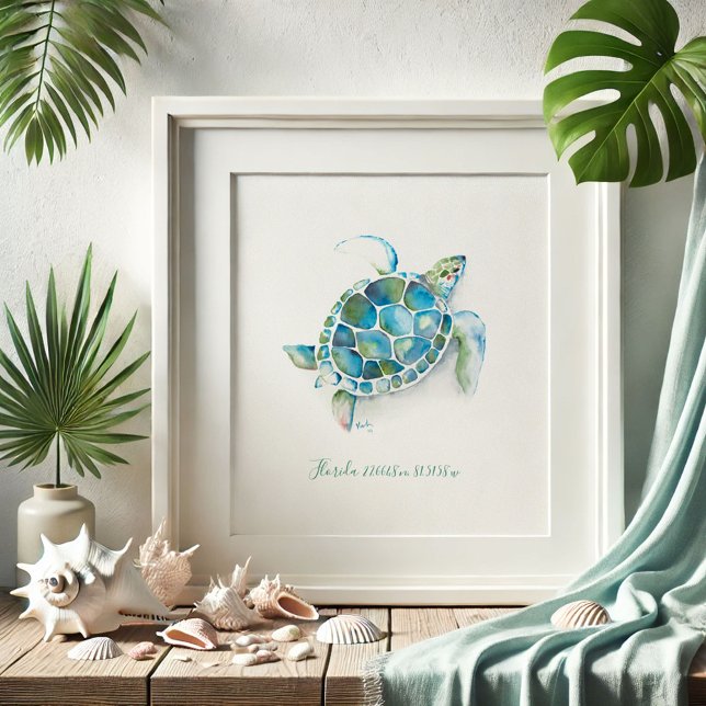 Poster Turquesa Azul Turquesa Azul Tartaruga Marinha (Florida beach pictures watercolor sea turtle art by Victoria Grigaliunas of Do Tell A Belle)