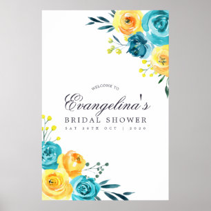 Poster Turquesa e Amarelo Floral Chá de Noiva Bem-Vindo