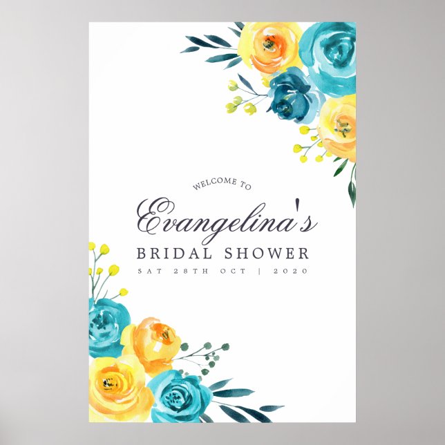Poster Turquesa e Amarelo Floral Chá de Noiva Bem-Vindo (Frente)