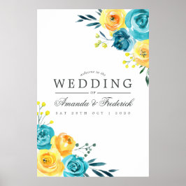 Poster Turquesa e Casamento Floral Amarelo Boas-vindas