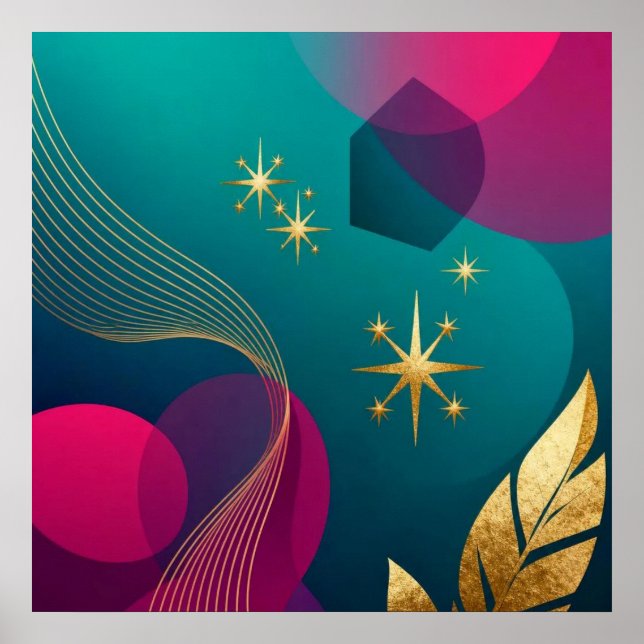 Poster Turquesa E Fuchsia Moderno Abstrato Com Estrelas D (Frente)