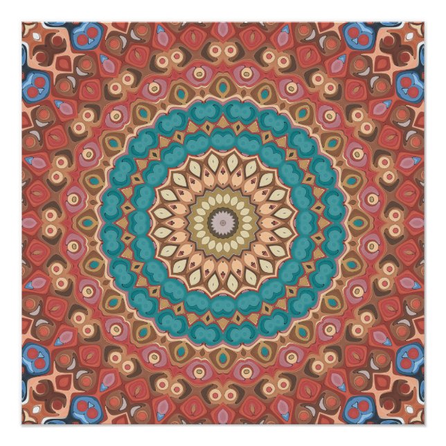 Pôster Turquesa e Terracota Padrão Geométrico de Mandala (Frente)