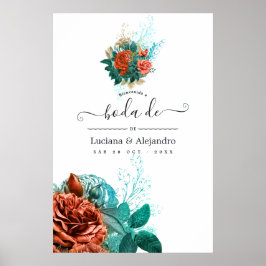 Poster Turquesa espanhola e Casamento Floral Coral Boas-v