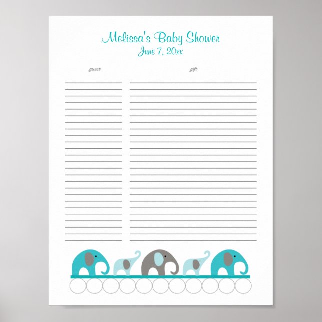 Poster Turquoise and Gray Elephants Baby Shower Gift List (Frente)