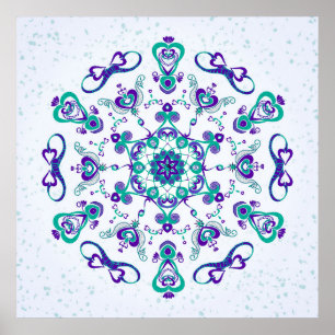 Pôster Turquoise and Purple Hearts and Birds Art Print