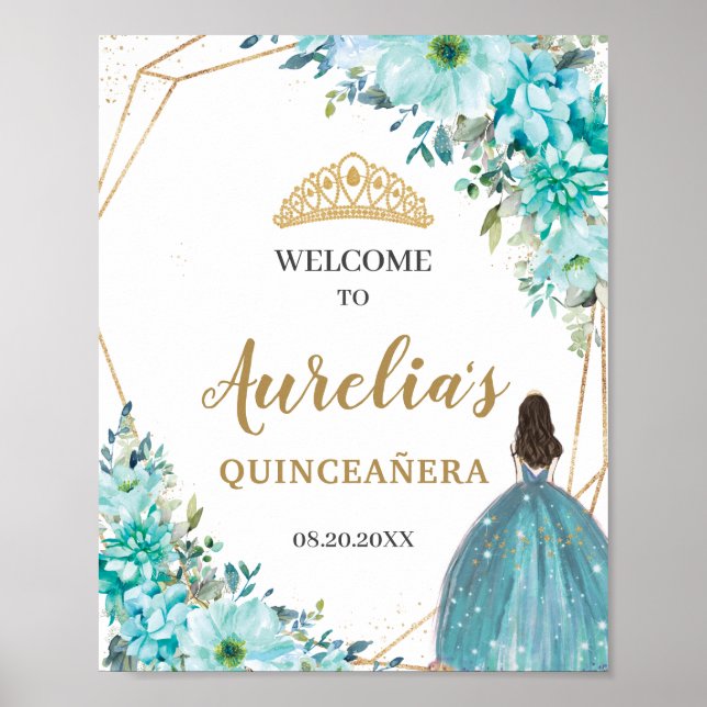 Poster Turquoise Blue Floral Quinceañera Aniversário Bem- (Frente)