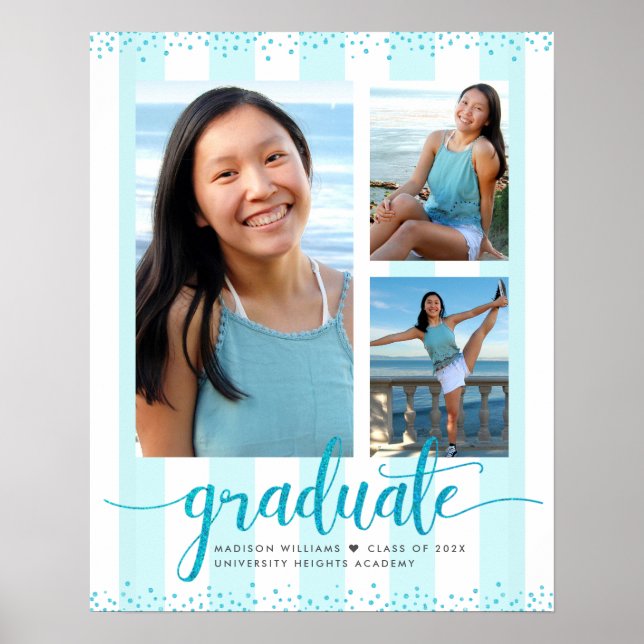 Poster Turquoise Blue Graduation 3 Photo Glitter Script (Frente)