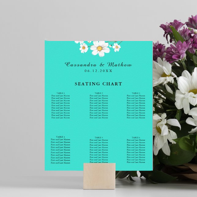 Poster Turquoise Daisy Floral Wedding 60 Gráfico (Turquoise Daisy Floral Wedding 60 Seating Chart 8x10 size)