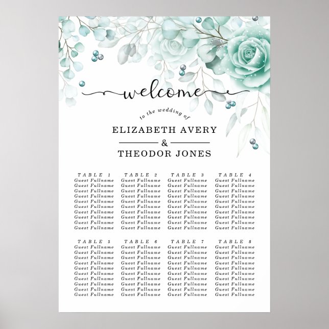 Poster Turquoise Floral Elegant Wedding (Frente)