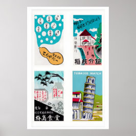 Poster Turquoise Japanese Matchbox Labels Grid Print