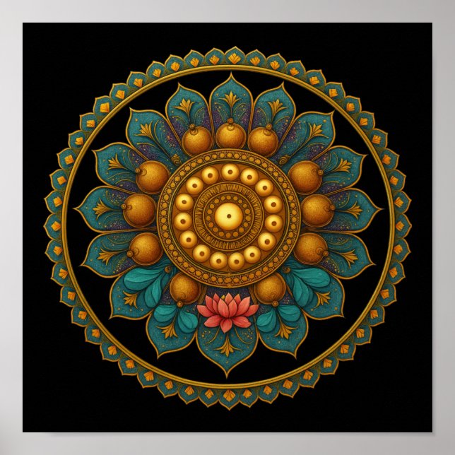 Poster Turquoise Lotus Mandala - Black Boho Graphic Art (Frente)