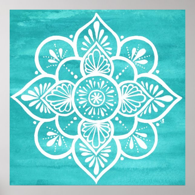 Poster Turquoise Watercolor White Mandala (Frente)