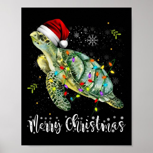 Poster Turtle Santa Hat Feliz Natal Luzes Xmas Holds (Frente)