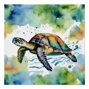 Pôster Turtle Sea Abstrato Watercolor