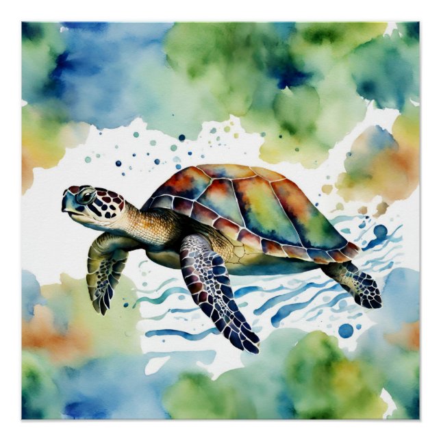 Pôster Turtle Sea Abstrato Watercolor (Frente)